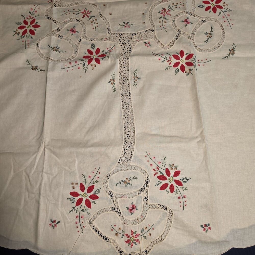 VTG 9 Piece Linen Cutwork Christmas Poinsettias Round Tablecloth Napkins 72x72